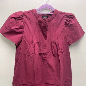 GiGiO pleated maroon midi dress featuring a classic button-up front